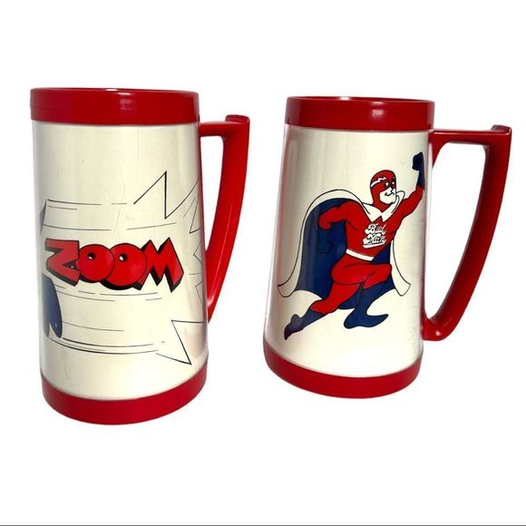 Set of TWO Bud Man Vintage Beer Mugs Superhero Thermos and Eagle Red and White - Picture 2 of 15